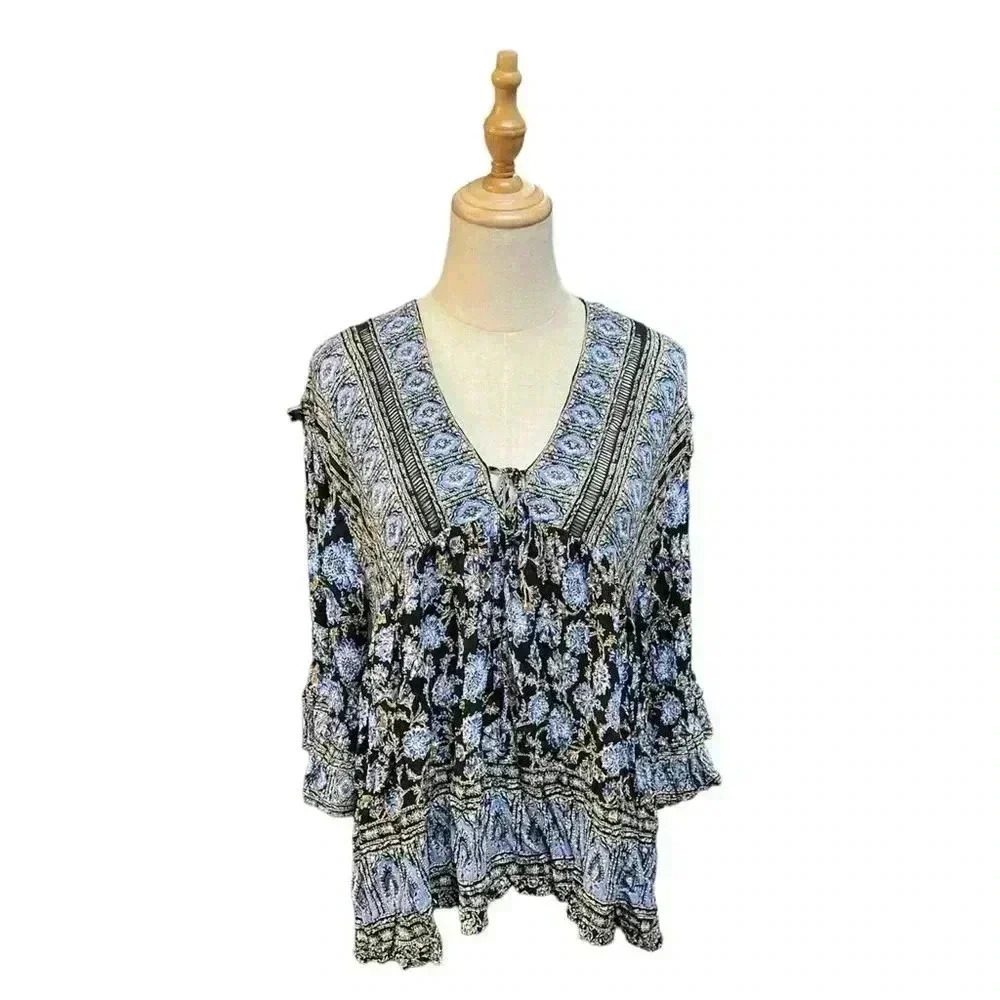 Free People Moonlight Dance Tunic Top Size Small Black Blue OVERSIZED Size S - Picture 3 of 7